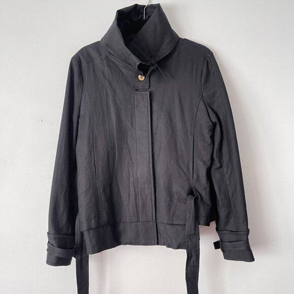 Hugo Boss Black Linen Belted Jacket Blazer Animal Print Lining Size 8 Wrap Back - Picture 9 of 16